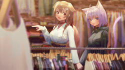2girls absurdres animal_ears belt belt_skirt black_hoodie blurry blurry_background blush braid breasts brown_eyes brown_hair brown_skirt cat_ears cat_tail collar dog_ears dog_tail eyes_visible_through_hair fang fangs hair_between_eyes highres holding_hands hololive hood hoodie inugami_korone large_breasts long_sleeves medium_hair multiple_girls nanome_to nekomata_okayu open_mouth purple_eyes purple_hair shirt shopping sidelocks skirt tail twin_braids upper_body virtual_youtuber white_shirt rating:Sensitive score:20 user:danbooru