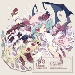  2girls absurdres bat_wings blonde_hair blue_hair closed_mouth commentary_request flandre_scarlet flower frilled_skirt frilled_sleeves frills full_body grey_background hat hat_flower high_heels highres long_hair long_sleeves mob_cap multiple_girls nikorashi-ka one_eye_closed pink_hat pink_skirt red_eyes red_flower red_rose red_shoes red_skirt remilia_scarlet rose shirt shoes short_hair simple_background skirt touhou watermark white_hat white_shirt wings 
