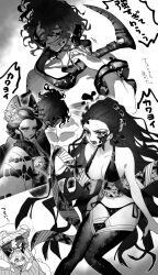  1boy 1girl black_hair black_panties breasts brother_and_sister colored_skin daki_(kimetsu_no_yaiba) demon_boy demon_girl facial_mark goshiko86g gradient_hair green_eyes green_hair gyuutarou_(kimetsu_no_yaiba) highres holding holding_scythe kimetsu_no_yaiba large_breasts multicolored_hair panties sash scythe sharp_teeth siblings teeth underwear white_hair white_skin 