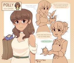  1girl apple artist_request brown_eyes brown_hair dark-skinned_female dark_skin earrings food fruit highres jewelry omori pixel_art plant polly_(omori) 