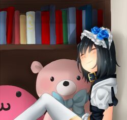  1girl :3 black_hair black_hairband blue_flower blue_rose blush book bookshelf closed_eyes closed_mouth commentary_request crop_top feet_out_of_frame flower frilled_hairband frills hair_flower hair_ornament hairband indoors meiko_(nattu303) poring ragnarok_online rose shirt short_hair sitting smile solo stuffed_animal stuffed_slime stuffed_toy teddy_bear thighhighs warlock_(ragnarok_online) white_shirt white_thighhighs 