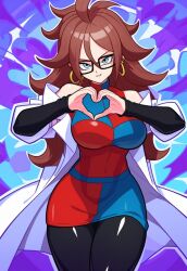  1girl abstract_background android_21 black_sleeves black_thighhighs blue_eyes breasts brown_hair detached_sleeves dragon_ball dragon_ball_fighterz dress earrings gill glasses heart heart_hands highres hoop_earrings jacket jewelry large_breasts long_hair looking_at_viewer multicolored_clothes off-shoulder_dress off_shoulder solo thighhighs white_jacket 
