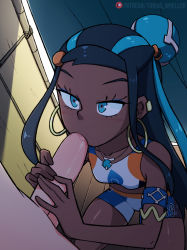 1boy 1girl armlet bare_shoulders blue_eyes blue_hair blue_shorts blush collarbone curtains dark-skinned_female dark_skin earrings fellatio from_above hair_bun hetero highres hoop_earrings interracial jewelry kneeling long_hair multicolored_hair nessa_(pokemon) nintendo oral penis playing_penis_like_flute pokemon pokemon_swsh shiny_skin shorts sports_bra sportswear tobias_wheller two-tone_hair uncensored wooden_floor rating:Explicit score:289 user:DarkToonLink