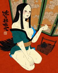  1girl absurdres artist_logo black_hair breasts collarbone commentary english_commentary full_body green_kimono hand_on_own_knee highres holding holding_smoking_pipe japanese_clothes kimono kiseru logo long_hair no_panties obi open_mouth orange_sash original sash sei5osuzuki seiza sitting smoking_pipe solo sweat teeth upper_teeth_only xiangyun 