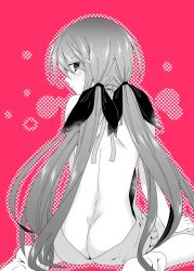  1girl ass back back_focus backless_outfit bare_back bare_shoulders butt_crack chaos;child dimples_of_venus from_behind hair_ribbon highres ikuhashi_muiko long_hair looking_at_viewer looking_back minamisawa_senri monochrome nervous_sweating ribbon science_adventure sitting socks solo sweat twintails very_long_hair wariza white_socks 