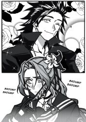  1boy 1girl ;) aerith_gainsborough aerith_gainsborough_(midgard_seventh_high_school) averting_eyes bandaid bandaid_on_cheek bandaid_on_face black_hair blush chest_tattoo closed_mouth commentary couple delinquent embarrassed english_commentary final_fantasy final_fantasy_vii final_fantasy_vii_ever_crisis floral_background flower gakuran gloves greyscale hair_flower hair_ornament hair_ribbon heartbeat high_ponytail highres long_hair looking_at_viewer mask mask_pull monochrome mouth_mask neckerchief official_alternate_costume one_eye_closed parted_bangs ponytail ribbon sailor_collar school_uniform seilidare serafuku sidelocks smile spiked_hair sukeban tattoo upper_body zack_fair zack_fair_(midgard_seventh_high_school) 
