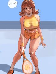  1girl absurdres bent_over blue_eyes breasts brown_hair crown english_text highres looking_at_viewer mario_(series) mario_tennis medium_hair midriff nintendo orange_shirt orange_shoes orange_shorts princess_daisy racket shirt shoes shorts soldat_(dndosld73832) tennis_racket thighs yellow_crown 
