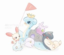  animal_focus bergmite closed_mouth crown fire fireblast flag gen_1_pokemon gen_2_pokemon gen_3_pokemon gen_5_pokemon gen_6_pokemon goomy highres holding horns lapras litwick nintendo no_humans open_mouth plusle pokemon pokemon_(creature) pokemon_focus quilava simple_background single_horn smile white_background 