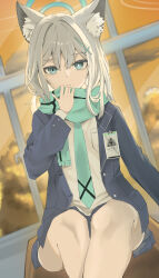  1girl 966_kururu_966 absurdres animal_ear_fluff blue_archive blue_eyes blue_jacket blue_necktie blue_scarf blue_skirt cross_hair_ornament grey_hair hair_between_eyes hair_ornament highres id_card jacket long_hair looking_at_viewer necktie parted_lips scarf shiroko_(blue_archive) shirt skirt solo tail white_shirt wolf_boy wolf_tail 