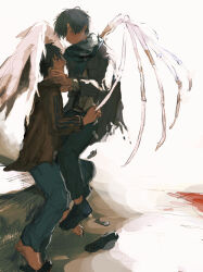  2boys 2ru4shi absurdres angel black_eyes black_hair black_shoes blue_pants child closed_eyes expressionless feathered_wings flying highres jacket lifting_person male_focus multiple_boys original pants scarf shoe_loss shoes short_hair simple_background skeletal_wings sketch smile track_suit white_background wings 