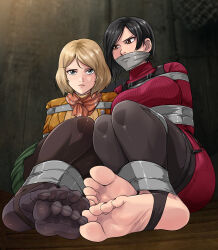  2girls ada_wong ashley_graham black_hair blonde_hair boots bound gag green_skirt high_heel_boots high_heels highres improvised_gag looking_at_viewer lost_one_zero multiple_girls pantyhose peril resident_evil resident_evil_village restrained short_hair skirt tape tape_bondage tape_gag 
