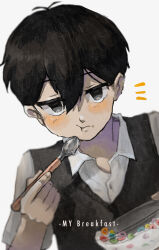  1boy absurdres antenna_hair black_eyes black_hair black_sweater_vest cereal closed_mouth collared_shirt double-parted_bangs highres holding holding_spoon looking_at_viewer male_focus milk nat_omogu omori shirt short_hair short_sleeves solo spoon sunny_(omori) sweater_vest upper_body white_shirt 