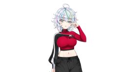  1girl ahoge blonde_hair blue_hair dolphin_wave green_hair grey_hair highres kurokuchi_muru midriff multicolored_eyes multicolored_hair navel official_art ootomo_takuji purple_hair rainbow_eyes solo transparent_background  rating:General score:3 user:redweptef12