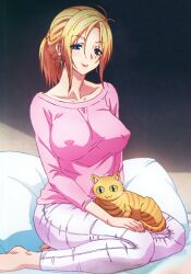  1boy 1girl 2011 age_difference ahoge animal blonde_hair blue_eyes breasts cat colored_eyelashes covered_erect_nipples cross cross_earrings denim earrings female_focus game game_cg green_eyes highres indoors jellyfish_(company) jewelry kamimura_akiko keisuke_(sisters) kouzaka_kouhei large_breasts latin_cross lips mature_female no_bra older_woman_and_younger_man pants peace peaceful_expression peaceful_smile pet pillow ponytail sisters_~natsu_no_saigo_no_hi~ smile smiley_face stepmother_and_stepson tabby_cat tail taki_minashika tight_clothes tight_pants visual_novel  rating:Questionable score:6 user:mightiestofthe