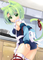  1girl adjusting_clothes adjusting_swimsuit ahoge animal_ears april apron arm_warmers arms_up ass breasts cat_ears cat_tail dodome-iro_mayonnaise doodome-iro_mayonnaise female_focus green_eyes green_hair hat indoors kitchen leg_ribbon looking_back matching_hair/eyes one-piece_swimsuit open_mouth original ribbon school_hat school_swimsuit sharon_marsh short_hair solo sweat swimming swimsuit swimsuit_under_clothes tail tail_ornament tail_ribbon thighhighs white_thighhighs 
