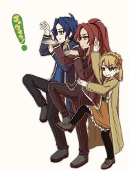  1boy 2girls :o ascot black_ascot black_leggings blonde_hair blue_ascot blue_coat blue_hair bow braid brown_pants brown_shoes chesed_(project_moon) coat crown_braid dress full_body gebura_(project_moon) green_eyes grey_shoes hairband highres june_blues leggings library_of_ruina long_hair long_sleeves looking_to_the_side medium_hair multiple_girls open_mouth orange_bow orange_dress orange_hairband pants parted_bangs project_moon red_coat red_hair scar scar_on_face shoes simple_background standing tiphereth_a_(project_moon) very_long_hair white_background yellow_coat yellow_eyes 