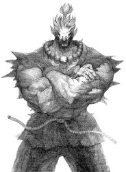  1boy akuma_(street_fighter) beads crossed_arms dougi facing_viewer fingerless_gloves game_cg gloves glowing glowing_eyes greyscale highres male_focus mma_gloves monochrome muscular muscular_male nishimura_kinu non-web_source official_art prayer_beads red_eyes red_hair rope_belt scowl solo street_fighter street_fighter_ii_(series) topknot torn_clothes torn_sleeves 