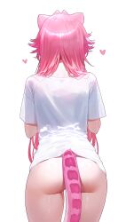  1girl absurdres animal_ears ass commentary english_commentary facing_away from_behind hair_over_shoulder heart highres hololive hololive_english long_hair naked_shirt panther_ears panther_girl panther_tail pantsu_shot pink_hair raora_panthera shirt short_sleeves simple_background solo t-shirt tail tail_censor virtual_youtuber white_background white_shirt 