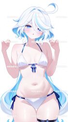  ...? 1girl absurdres ahoge bare_shoulders belly_rub bikini blue_eyes blue_hair blue_pupils blush breasts breasts_apart chestnut_mouth collarbone commentary_request drop-shaped_pupils fuminshou_(nekopan_art) furina_(genshin_impact) genshin_impact hair_between_eyes hands_up heterochromia highres looking_at_viewer medium_breasts medium_hair multicolored_hair navel side-tie_bikini_bottom simple_background solo stomach streaked_hair swimsuit symbol-shaped_pupils thigh_strap watermark white_background white_bikini white_hair 