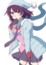  1girl albino_oscar beanie black_thighhighs blue_eyes blue_hat blue_jacket blue_scarf blush breasts closed_mouth cowboy_shot fur-trimmed_jacket fur_trim gloves hand_up hat highres jacket koimonogatari long_sleeves looking_at_viewer medium_breasts medium_hair monogatari_(series) naoetsu_high_school_uniform necktie official_alternate_costume official_alternate_hairstyle open_clothes open_jacket pleated_skirt pom_pom_(clothes) pom_pom_beanie purple_gloves purple_necktie purple_skirt scarf school_uniform senjougahara_hitagi simple_background skirt smile solo thighhighs white_background 