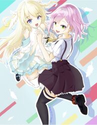  2girls :d bare_shoulders black_shoes black_thighhighs blonde_hair blue_background blue_eyes blunt_ends bob_cut brown_skirt chinese_commentary collared_shirt commentary_request detached_sleeves drop_shadow eyelashes eyes_visible_through_hair floating_hair foot_out_of_frame frilled_skirt frills full_body green_eyes hair_between_eyes hair_ornament hairband hairclip hands_up happy high-waist_skirt highres holding_hands interlocked_fingers long_hair long_sleeves medium_hair midair miniskirt mizuka_academy_school_uniform multiple_girls necktie open_mouth outline pink_hair pleated_skirt polka_dot polka_dot_background school_uniform shirayuki_noa shirt shoe_soles shoes short_necktie short_sleeves sidelocks signature simple_background skirt sleeveless sleeveless_shirt smile standing standing_on_one_leg tanikaze_amane tenshi_souzou_re-boot! thigh_strap thighhighs two_side_up user_rvvx7444 very_long_hair white_hairband white_outline white_shirt white_skirt white_thighhighs wide_sleeves wing_hair_ornament yellow_necktie zettai_ryouiki 
