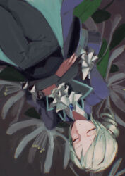  1girl ascot black_background black_coat black_hat black_pants boater_hat closed_eyes coat cowboy_shot die_letzte_(tc) facing_viewer grey_hair hair_bun hat holding holding_unworn_clothes holding_unworn_hat pants plant reverse:1999 shirt short_hair single_side_bun solo unworn_hat unworn_headwear upside-down vertin_(reverse:1999) white_ascot white_shirt 