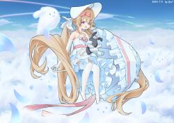  1girl above_clouds absurdly_long_hair absurdres attilio_regolo_(angel_from_above)_(azur_lane) attilio_regolo_(azur_lane) azur_lane blue_sky bonnet bow brown_hair cloud cloudy_sky dated dress elbow_gloves frilled_dress frills gloves hair_bow highres holding holding_stuffed_toy light_brown_hair long_hair low_twintails official_alternate_costume open_mouth outdoors parasol pink_bow purple_hair signature sisquare sky smile solo stuffed_animal stuffed_toy thighhighs twintails umbrella umbrella_riding very_long_hair white_bonnet white_dress white_gloves white_thighhighs 