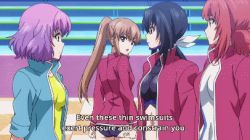 10s 4girls animated animated_gif aoba_kazane ass black_hair bodysuit bodysuit_under_clothes brown_hair competition_swimsuit english_text explanation jacket jiggle kaminashi_nozomi kawai_hanabi keijo!!!!!!!! latex legs_together looking_at_another looking_back lowres multiple_girls one-piece_swimsuit purple_hair red_hair rubber side_ponytail subtitled swimsuit swimsuit_under_clothes toyoguchi_non track_jacket training_suit wedgie rating:Questionable score:29 user:redblue99