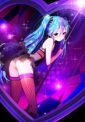  1girl ass bad_id bad_pixiv_id blue_hair brown_thighhighs chromatic_aberration female_focus fishnet_thighhighs fishnets hatsune_miku heart long_hair looking_at_viewer multicolored_hair pole pole_dancing purple_eyes purple_hair skirt solo sparkle stripper_pole sukja sweet_devil_(vocaloid) thighhighs twintails two-tone_hair very_long_hair vocaloid  rating:Sensitive score:47 user:danbooru