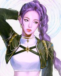  1girl aespa artist_name asian black_jacket bleumoonade braid breasts brown_eyes commentary cosplay cropped_shirt earrings english_commentary expressionless hand_on_own_head highres jacket jewelry k-pop karina_(aespa) kpop_demon_hunters long_hair looking_to_the_side medium_breasts purple_hair real_life realistic rumi_(kpop_demon_hunters) rumi_(kpop_demon_hunters)_(cosplay) shirt solo sparkling_eyes upper_body very_long_hair white_background white_shirt 