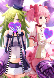  2girls aki_mabayu bow collarbone covered_navel dress frilled_dress frilled_gloves frilled_sleeves frills gloves green_hair hair_bow hair_over_one_eye hat heart highres kaname_madoka kaname_madoka_(magical_girl) long_hair looking_at_viewer magia_record:_mahou_shoujo_madoka_magica_gaiden mahou_shoujo_madoka_magica mahou_shoujo_madoka_magica_(anime) medium_hair mini_hat miniskirt multiple_girls off_shoulder open_mouth pink_eyes pink_hair puffy_sleeves purple_eyes shirt short_twintails skirt soul_gem suzugahama twintails white_gloves white_shirt 
