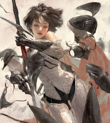  1girl armor black_hair black_pants breastplate buckle cape closed_eyes commentary couter cowboy_shot cross-laced_clothes cuirass cuisses disassembly english_commentary exploding_clothes faulds flamberge floating_hair gambeson gauntlets gothic_plate_armor greatsword greaves half-swording highres holding holding_sword holding_weapon knight leaning_to_the_side light_blush original pants parted_lips pauldrons plate_armor realistic red_cape red_lips revision sangsoo_jeong short_hair shoulder_armor simple_background solo sword symbolism tassets two-handed_sword vest weapon white_vest zweihander 
