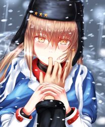1girl blue_shawl blush brown_hair finger_in_another&#039;s_mouth fur_hat hair_between_eyes hair_ornament hairclip hat holding_another&#039;s_wrist jacket kantai_collection long_hair looking_at_viewer outdoors papakha red_eyes red_shirt sabakuomoto scarf shawl shirt snow snowing solo_focus star_(symbol) tashkent_(kancolle) torn_clothes torn_scarf twintails ushanka white_jacket white_scarf wings winter winter_clothes rating:Sensitive score:5 user:danbooru