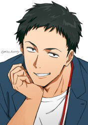  1boy black_eyes black_hair blue_jacket commentary_request grin highres hikari_(mitsu_honey) jacket looking_at_viewer male_focus name_tag nijisanji shirt short_hair simple_background smile solo twitter_username upper_body virtual_youtuber white_background white_shirt yashiro_kizuku yashiro_kizuku_(1st_costume) 