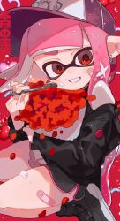  1girl bandaid bandaid_on_cheek bandaid_on_ear bandaid_on_face bandaid_on_leg baseball_cap black_shoes black_shorts cherry commentary dated dolphin_shorts food food_on_face fork fruit hat highres holding holding_fork inkling inkling_girl inkling_player_character long_hair looking_at_viewer nintendo pink_hair pink_hat print_hat red_background red_eyes sabata_saba shoes shorts signature smile solo splatoon_(series) splatoon_3 tentacle_hair thick_eyebrows 