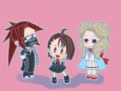  3girls ahoge aqua_dress arms_behind_back back_ribbon black_eyes blonde_hair brown_eyes brown_hair bugidesuyo chain chibi commentary_request dress drill_hair highres himezaki_aoi justice_gakuen kazama_akira kirishima_yurika long_hair moero!_justice_gakuen multiple_girls pantyhose ponytail red_hair red_ribbon ribbon seijyun_jogakuen_uniform short_hair skirt white_pantyhose 