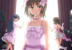  3girls amami_haruka bare_shoulders blue_hair blush boots bow brown_eyes brown_hair cute_&amp;_girly_(idolmaster) dress elbow_gloves gloves green_eyes hagiwara_yukiho hair_bow headset highres idolmaster idolmaster_(classic) kisaragi_chihaya long_hair multiple_girls open_mouth puton running short_hair skirt smile snow_strawberry 