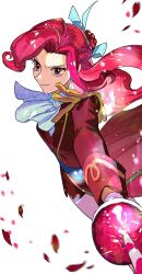  1girl alternate_skin_color ascot closed_mouth cookie_run cookie_run:_kingdom curly_hair curly_sidelocks epaulettes falling_petals hairstyle_request holding holding_sword holding_weapon humanization imam_(oozlo) ouji_fashion petals raspberry_cookie red_eyes red_hair red_petals smile solo sword v-shaped_eyebrows weapon white_ascot white_background 