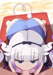1boy 1girl age_difference all_fours ass beach beach_towel black_bow blue_eyes blunt_bangs bow dragon_girl dragon_horns dragon_tail fellatio from_above gradient_hair hair_bobbles hair_bow hair_ornament hetero highres horns kanna_kamui kobayashi-san_chi_no_maidragon loli long_hair multicolored_hair one-piece_swimsuit oral outdoors penis pov pov_crotch purple_hair shincito solo_focus swimsuit tail towel uncensored white_hair rating:Explicit score:300 user:JustHere4Butts