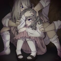  2girls black_shoes brown_background brown_hair closed_mouth cocoon_(fear_&amp;_hunger) commentary dual_persona english_commentary extra_arms face_piercing fear_&amp;_hunger_(series) fear_&amp;_hunger_2:_termina hand_on_another&#039;s_head hand_on_own_head highres holding_another&#039;s_arm hugging_own_legs kybitsuki long_hair long_sleeves marina_(fear_&amp;_hunger) mary_janes mouth_piercing multiple_girls no_shoes piercing pink_skirt purple_eyes shirt shoes sitting skirt socks white_shirt white_socks 