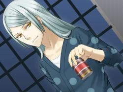  1boy drink dutch_angle hachiya_mitsuhisa indoors long_hair looking_at_viewer male_focus mega30000 polka_dot silver_hair solo wizard_barristers:_benmashi_cecil yellow_eyes 