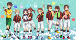  2girls 6+boys adjusting_clothes adjusting_gloves aoto_gonzales_takuma aqua_eyes arched_bangs arm_up armband ball birthday black_gloves black_shirt black_shoes blonde_hair blue_shoes blush bottle brown_eyes brown_hair cancer_(zodiac) clenched_hand closed_eyes closed_mouth collared_shirt commentary_request copyright_name curtained_hair drinking drinking_straw drinking_straw_in_mouth elbow_on_another&#039;s_shoulder foot_up full_body furuya_kota furuya_ouzou furuya_ryuuji gemini_(zodiac) ginga_e_kickoff!! gloves goalkeeper green_background green_eyes green_shoes green_shorts hair_slicked_back hand_up hands_on_another&#039;s_shoulders height_difference high_ponytail holding holding_ball holding_bottle holding_towel kneehighs leaning_on_person leo_(zodiac) libra_(zodiac) long_sleeves looking_at_another looking_at_viewer looking_to_the_side multicolored_gloves multiple_boys multiple_girls one_eye_closed oota_shou open_mouth orange_gloves outstretched_arm pigeon-toed pink_shoes pointing pointing_up ponytail purple_hair red_eyes red_shirt red_shoes ryoanji saionji_reika_(ginga_e_kickoff!!) shirt shirt_partially_tucked_in shirt_tucked_in shoes short_bangs short_hair short_sleeves shorts sideways_glance smile soccer soccer_ball soccer_uniform socks sparkle sparkle_background spiked_hair sports_bottle sportswear standing striped_clothes striped_shirt sugiyama_tagi swept_bangs takatoo_erika teeth towel towel_around_neck towel_on_one_shoulder turning_head two-tone_shirt upper_teeth_only virgo_(zodiac) white_gloves white_shorts white_socks wiping_sweat yellow_armband yellow_shirt yellow_shoes zodiac 