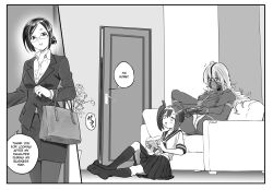  3girls age_difference ball_gag bdsm bondage bound breasts collar couch crotch_rope english_text eudetenis femdom gag glasses highres indoors large_breasts lilya_(pretzelfan) loli long_sleeves monochrome mother_and_daughter multiple_girls nipples office_lady sayuri_(pretzelfan) school_uniform second-party_source serafuku shibari shrimp_tie slave speech_bubble video_game yuriko_(pretzelfan) 