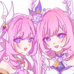  2girls breasts color_connection commentary_request company_connection cyrene_(honkai:_star_rail) diamond-shaped_pupils diamond_(shape) elysia_(herrscher_of_human:_ego)_(honkai_impact) elysia_(honkai_impact) flower hair_color_connection hair_flower hair_intakes hair_ornament halo heart highres honkai:_star_rail honkai_(series) honkai_impact_3rd inoue_marina long_hair multicolored_hair multiple_girls open_mouth pink_hair portrait purple_eyes smile symbol-shaped_pupils two-tone_hair very_long_hair vlh3tu voice_actor_connection white_hair yanning 