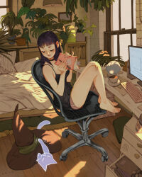  1girl artist_logo barefoot bed bedroom black_camisole black_choker black_hair blush book camisole cat chair choker closed_eyes closed_mouth computer_keyboard cup dated desk drawer earrings feet_on_chair full_body ghost hat hat_ribbon highres holding holding_book holding_pen indoors jewelry knees_up lamp logo medium_hair monitor office_chair open_drawer original pen picture_frame pillow plant potted_plant ribbon short_shorts shorts simz sitting solo swivel_chair teacup unworn_hat unworn_headwear window window_shadow witch_hat wooden_floor 