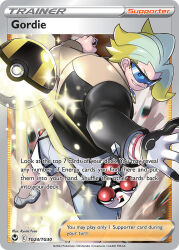 1boy artist_name black-framed_eyewear blonde_hair blue-tinted_eyewear card_(medium) character_name company_name copyright_name copyright_notice dynamax_band english_text fuse_ryuuta gloves gordie_(pokemon) grey_shoes grey_shorts long_sleeves looking_back male_focus medium_hair multicolored_hair nintendo official_art open_poke_ball poke_ball poke_ball_(basic) pokemon pokemon_card pokemon_swsh pokemon_tcg shoes shorts single_glove smile solo sparkle sunglasses third-party_source throwing throwing_poke_ball tinted_eyewear trading_card two-tone_hair ultra_ball waist_poke_ball white_hair 