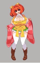 1girl alternate_breast_size apron bell boots breasts checkered_clothes checkered_kimono curvy female_focus full_body hair_bell hair_ornament huge_breasts japanese_clothes kimono long_sleeves looking_at_viewer lowres miniskirt motoori_kosuzu namako_daibakuhatsu pigeon-toed pixel_art red_eyes red_hair simple_background skindentation skirt smile solo standing thighhighs thighs touhou wide_sleeves  rating:Sensitive score:85 user:danbooru