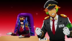  1girl animated anime_screenshot audible_speech blue_hair blush covering_face english_audio formal_clothes gloves heart highres hyakushiki_momoko nanbaka red_suit sound sounds spiked_hair suit tagme video 
