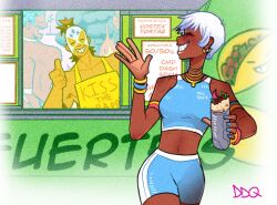  1girl 2boys apron armlet bike_shorts blue_nails blue_shorts blue_sports_bra bracelet closed_eyes dark-skinned_female dark_skin demidevilqueen earrings el_fuerte elena_(street_fighter) food food_truck grin hakan holding holding_food initial jewelry multiple_boys necklace short_hair shorts smile sports_bra street_fighter thumbs_up white_hair yellow_apron 