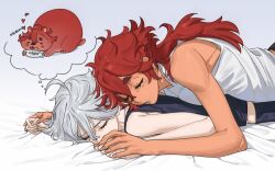  2girls baesong black_tank_top commentary_request drooling gradient_background grey_hair gundam gundam_suisei_no_majo holding_hands korean_commentary long_hair lying lying_on_person miorine_rembran multiple_girls on_stomach purple_background red_hair saliva sleeping speech_bubble suletta_mercury tank_top thick_eyebrows thought_bubble w white_tank_top yuri 
